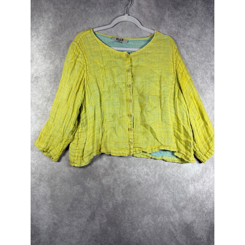 FLAX Top Womens M Yellow Button Linen Lagenlook Lightweight Gauze Shirt Coastal